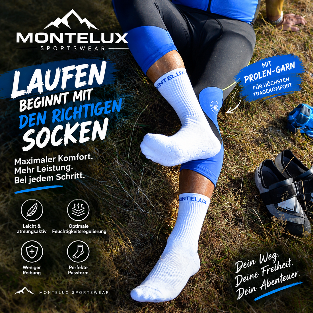 Laufen beginnt mit den richtigen Socken: Weiße Montelux Sportsocken beim Lauftraining in der Natur für Anfänger
