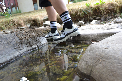 Black Turtle Monte Socken an den Füßen einer Person beim Wandern über Felsen an einem Bach